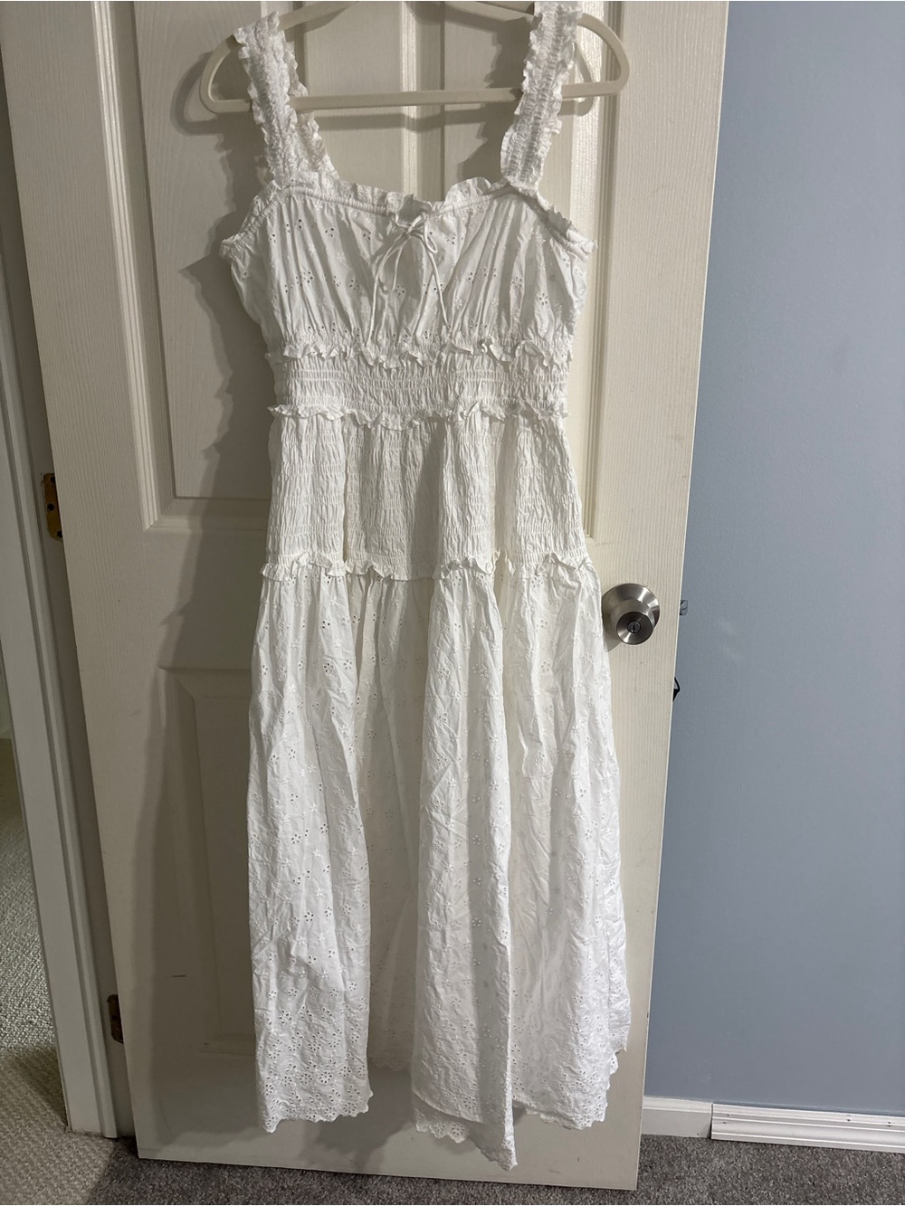 White Eyelet Smocked Maxi Dress